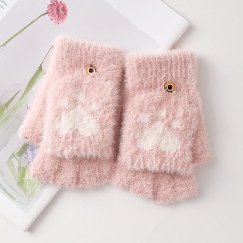 Cartoon Plush Cats Paw Fingerless Mittens with Flip Top Winter Knitted Gloves Stretchy Soft Mitten Elastic Warm Mitte
