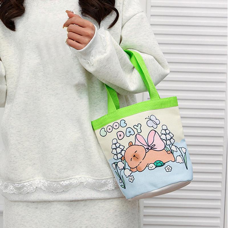 1Pc Large Capacity Capybara Canvas Bags Cartoon Patterns Lightweight Student Document Bag Shopping Bag Cute Casual Handbag