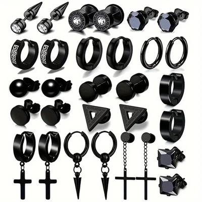 30pcs 316L Stainless Steel Cross Stud Earrings Set for Men Women,Tragus Spiral Ear Cartilage Hypoallergenic Piercing Jewelry