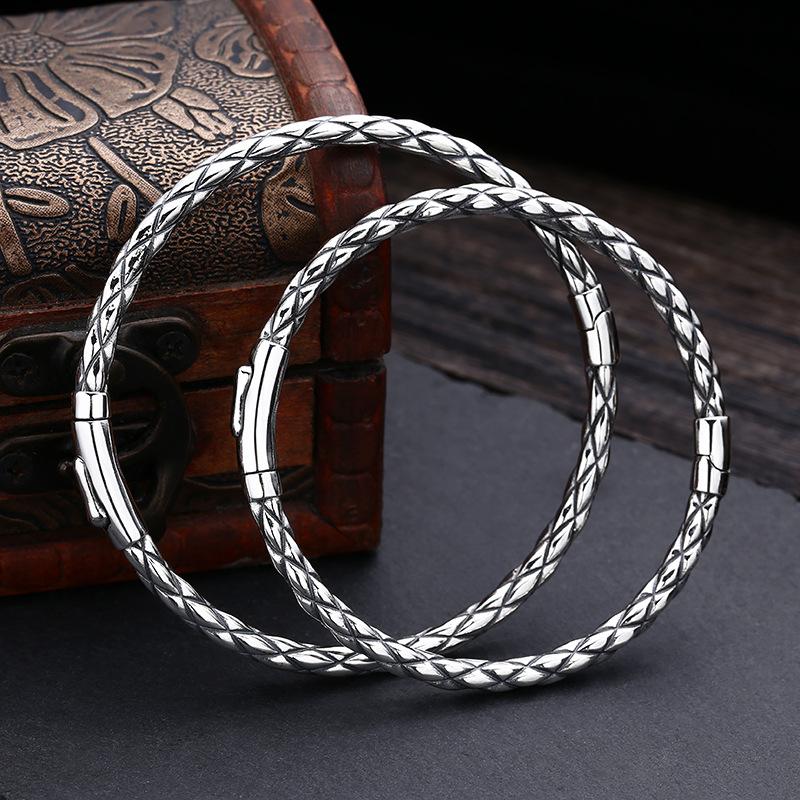 Real Silver Classical Argyle Pattern Open Bangle For Man Woman S925 Sterling Sliver Fashion Style Bracelet Jewelry