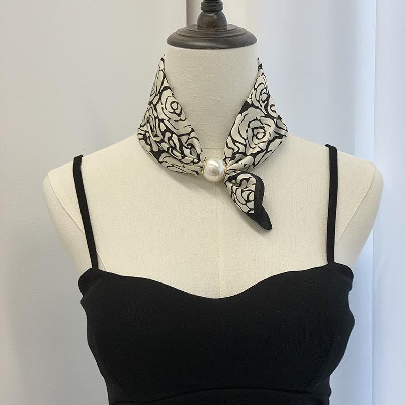 Silk scarf new pearl necklace spring and summer thin magnetic buckle lazy silk scarf women's pendant scarf collarbone chain
