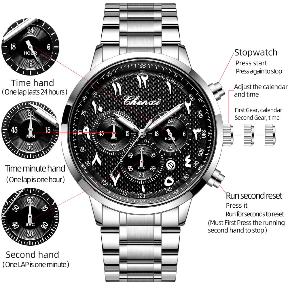 CHENXI Multifunctional Men's Watch, Real Three-Eye Six-Needle Calendar Chronograph, Stainless Steel Strap, Quartz Movement