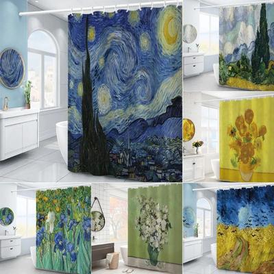 Cortina de Chuveiro Noite Estrelada de Van Gogh Pintura a Óleo Arte Abstrata Céu Azul Nuvem Branca Estrela Lua Cenário Decoração de Banheiro com Ganchos
