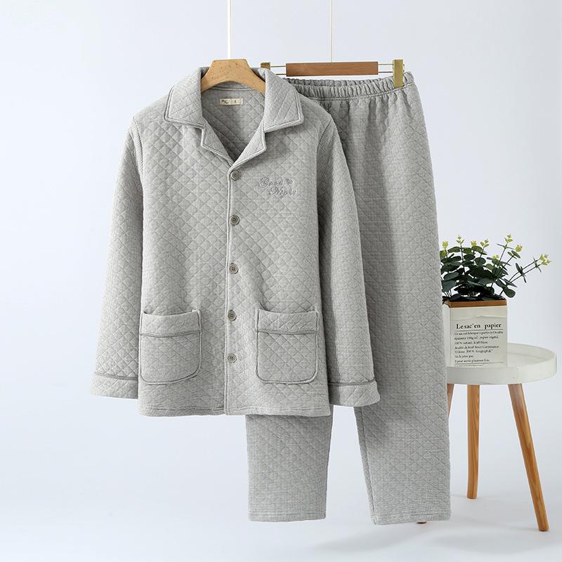 Men's Embroidered Quilted Pajamas - Three-Layer Air Cotton, Long-Sleeved, Warm, Autumn/Winter Wear