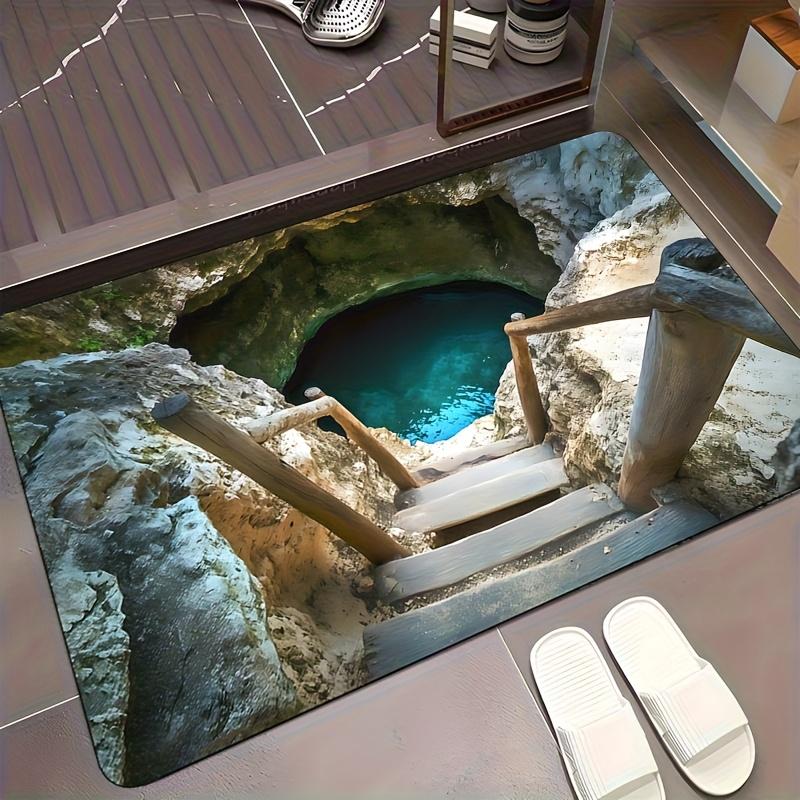 

3D Містичний дизайн печери зі сходами та синьою водою, Міцний килимок для передпокою | Зачаровуючий килимок для входу на тему печери, Декор печери 40x60cm Flannel