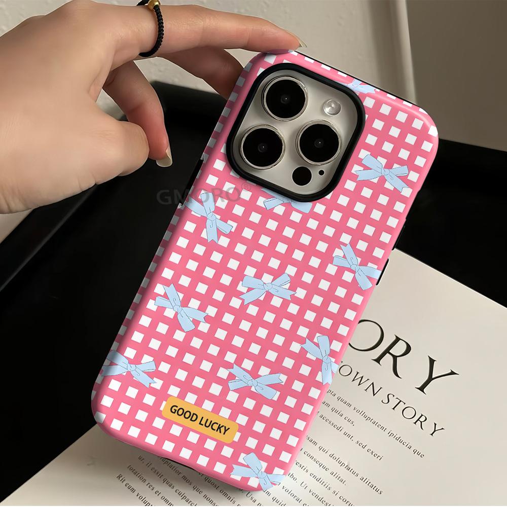 Korean Cute Girl Plaid Bow Apple 17promax Mobile Phone Case iPhone12 with Magnetic Protective Case