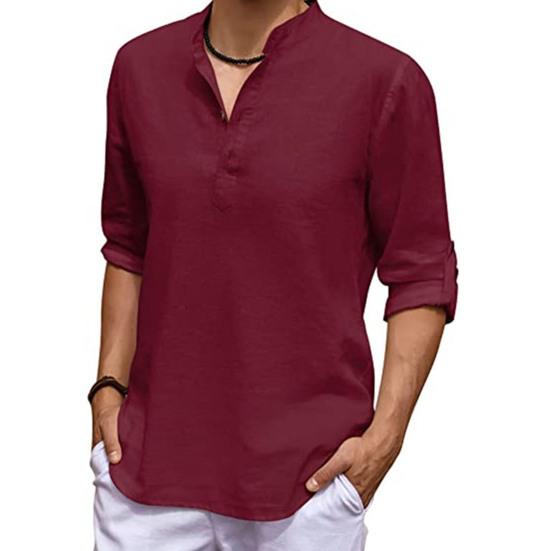 Men Shirt Solid Color Adjustable Sleeve Pullover Stand Collar Long Sleeve Summer Top Daily Garment
