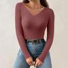 Women's Fashion V-Neck Slim Sweater Long Sleeve Pullover Solid Colour Top