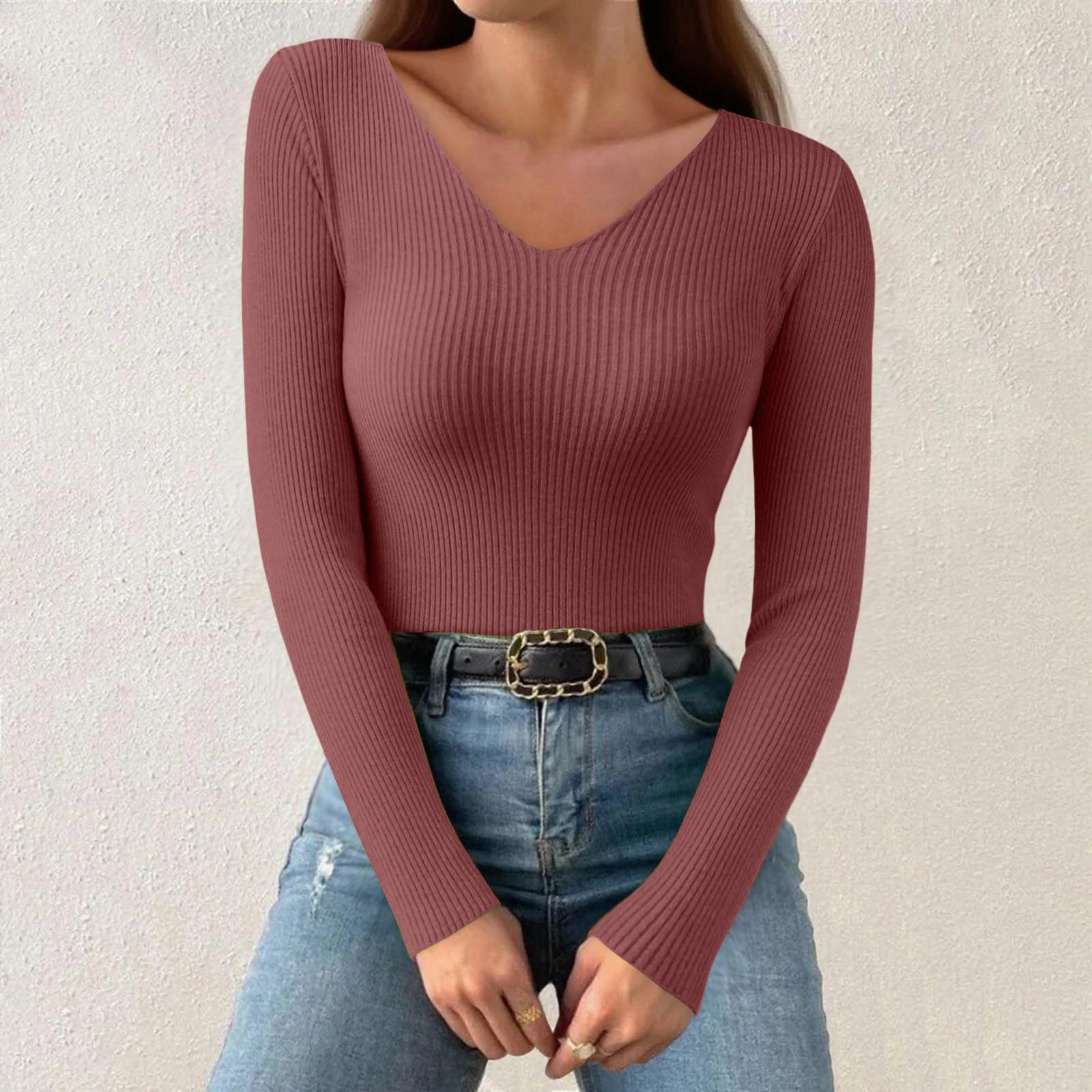 

Women s Fashion V-Neck Slim Sweater Long Sleeve Pullover Solid Colour Top XL