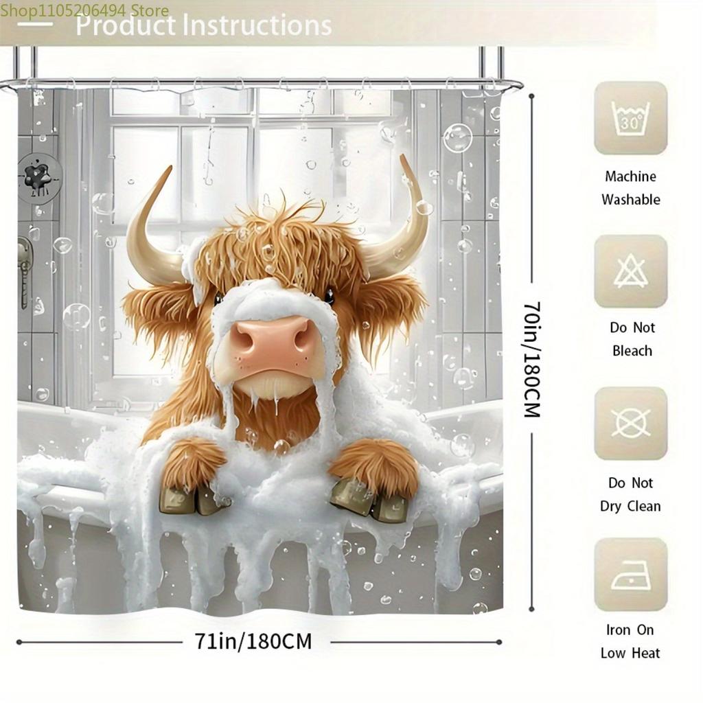 1/3/4pcs Cute Highland Cow Bathroom Set with Shower Curtain, Bath Mat & Toilet Cover - Scottish Cow Print Bath Decor, Soft Far