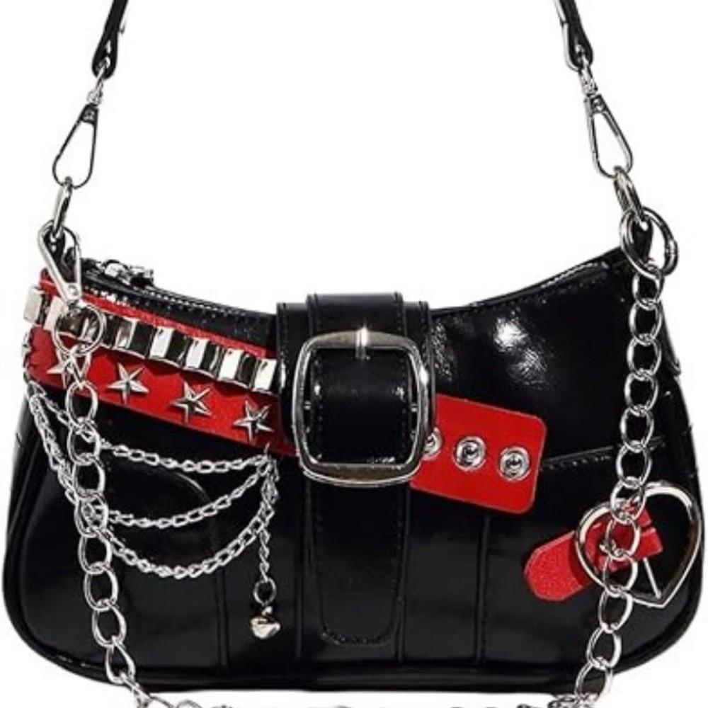 Punk Shoulder Bag Black Red Decor French Stick Handbag Fashion Star Rivet Underarm Bag Commute