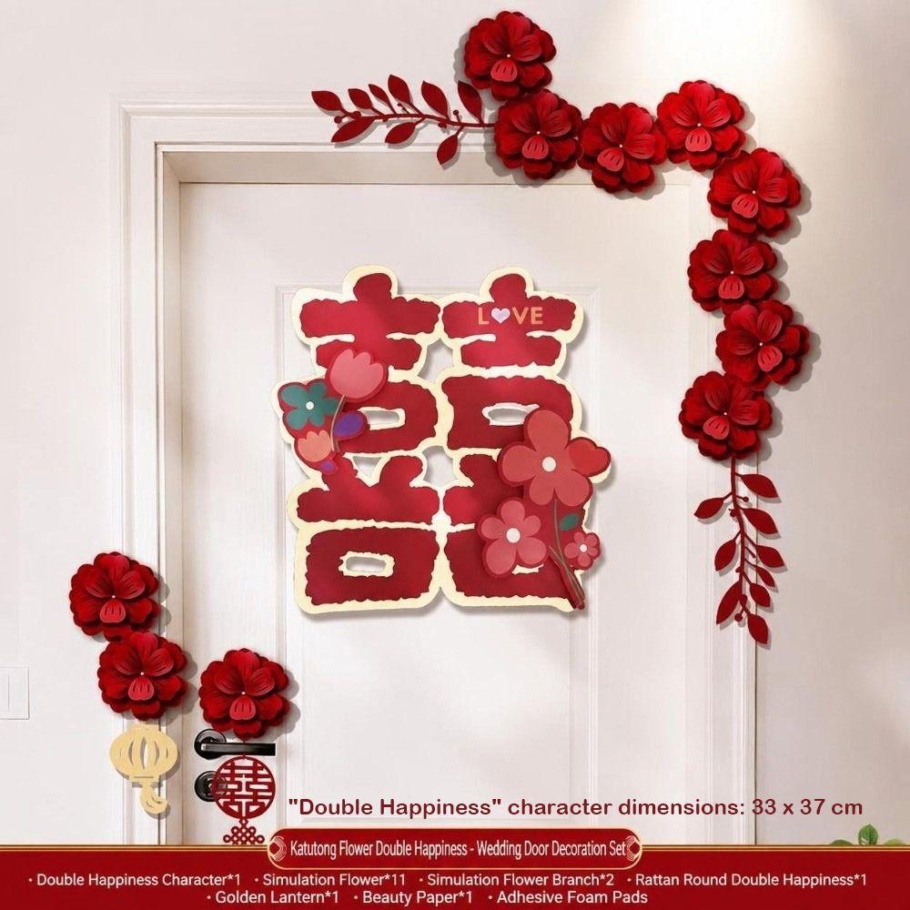 Chinese Wedding Door Decorations Artificial Flowers Double Happiness Sign Home Entrance Decor