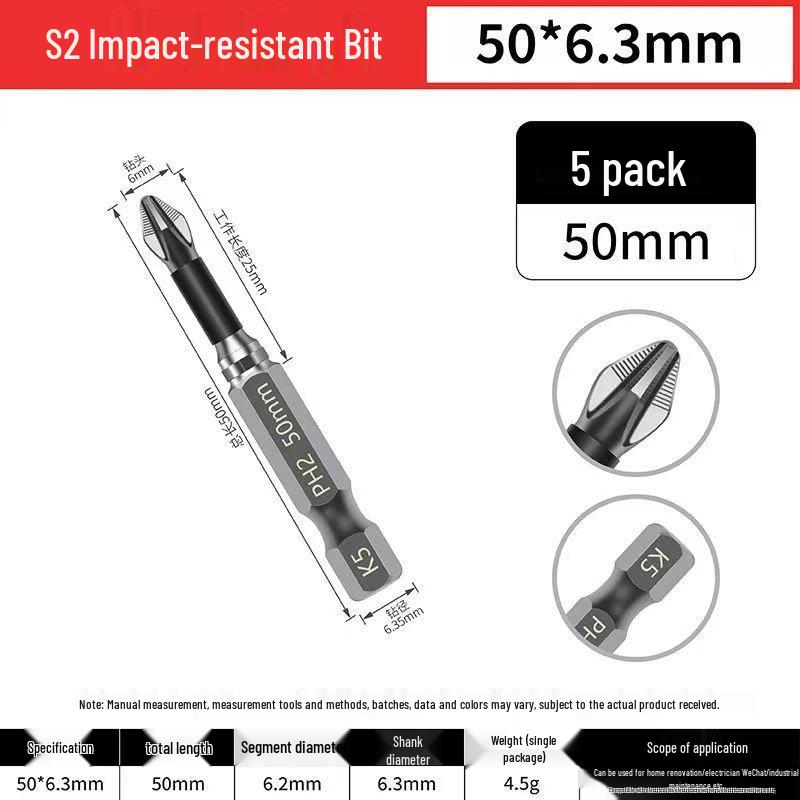 Impact-Resistant Magnetic Phillips Screwdriver Bit, Anti-Slip, High Hardness, Compatible with Electric/Hand Drills and Hex Air Drills