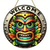 1pc 2d Flat Hawaiian Tiki Mask Bar Sign - 20cm Round Wood Art Decoration for Home, Garage, Cafe, Restaurant, Bar, BBQ, Beach, Resort Decoration