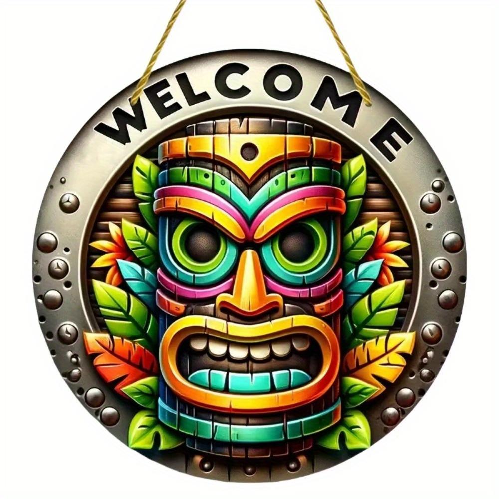 1pc 2d Flat Hawaiian Tiki Mask Bar Sign - 20cm Round Wood Art Decoration for Home, Garage, Cafe, Restaurant, Bar, BBQ, Beach, Resort Decoration