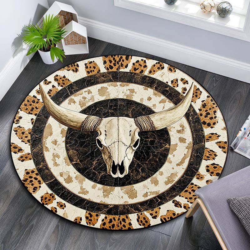 Leopard Print Bull Skull Round Area Rug,Carpet Rug for Living Room Bedroom Sofa Playroom Decor,Non-slip Floor Mat