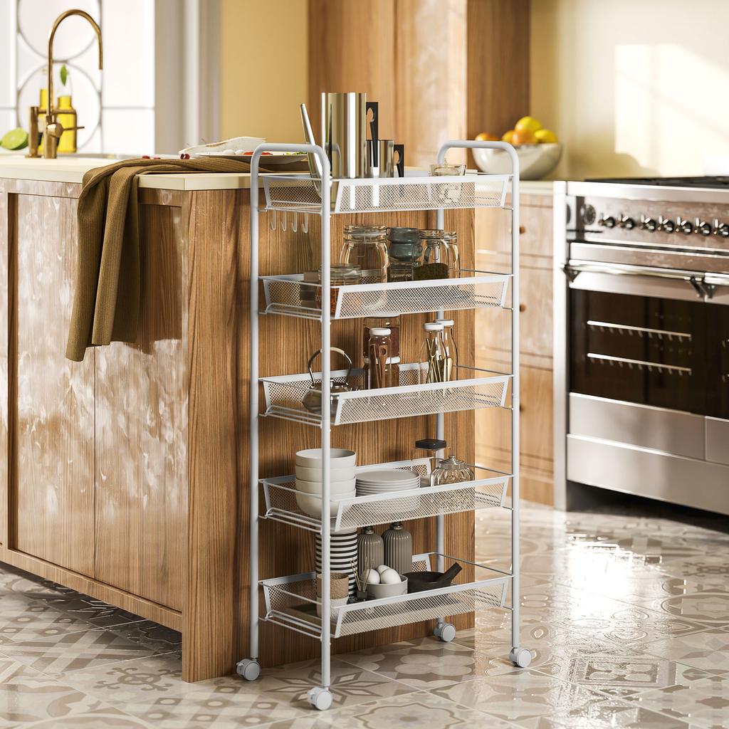 Five-Steel Mesh Basket Storage Trolley, with Wheels - White