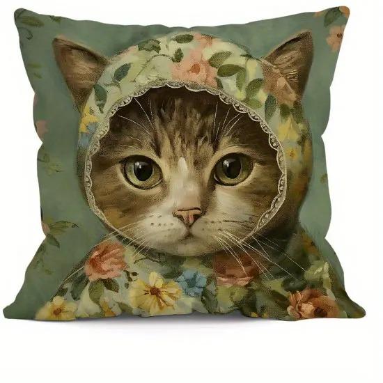 

Домашній декор Милий кіт з квітковим головним убором Наволочки з візерунком Чохол для подушки Підходить для дивана Спальні Автомобільна наволочка 20x20Inch