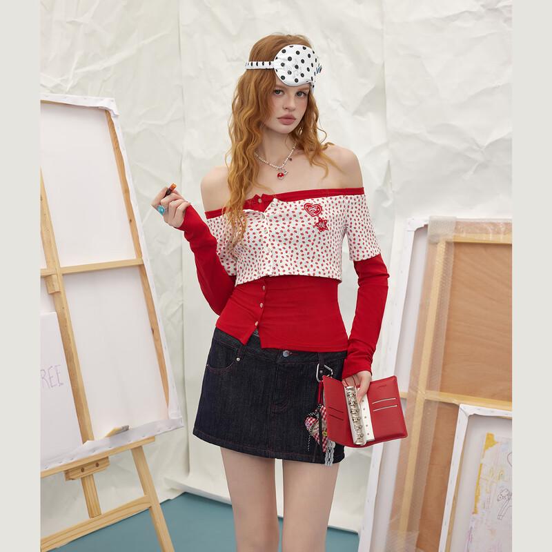 

UNIFREE Women s Retro Off-Shoulder Fake Two-Piece T-Shirt L