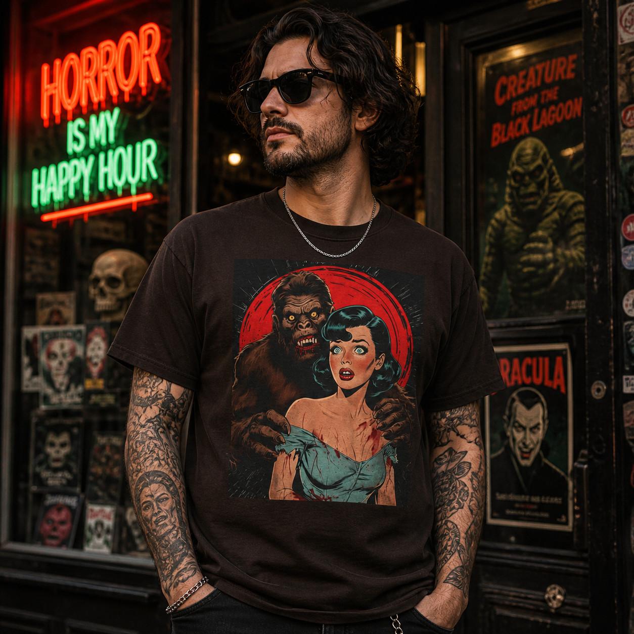 Vintage Bigfoot Horror Graphic Design Retro Comic Sasquatch Pinup Art Tee 4XL