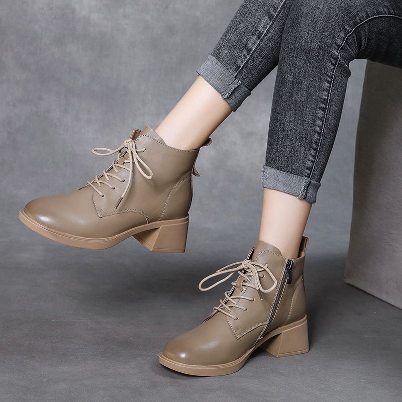 Stivali corti con tacco spesso, scarpe da donna in cotone, stivali Martin con lacci versatili con tacco medio, scarpe da donna alte retrò