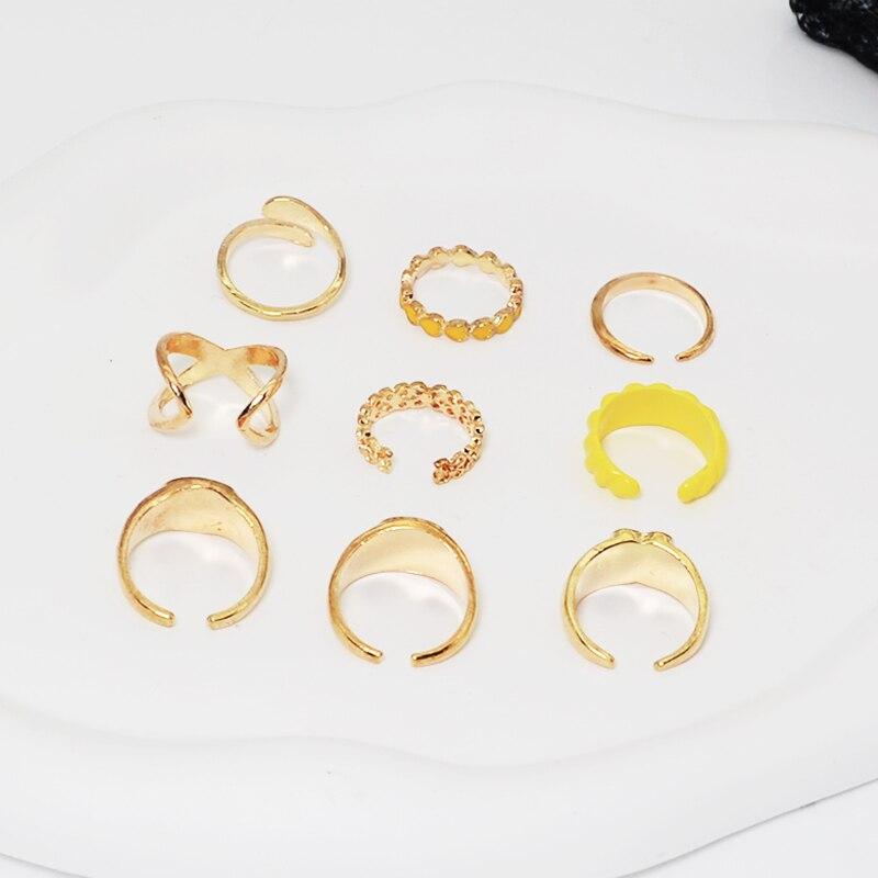 9pcs Gold-color Ring Set Women Fashion Trend Wind Open Finger Ring Yellow Department Zinc Alloy Jewelry