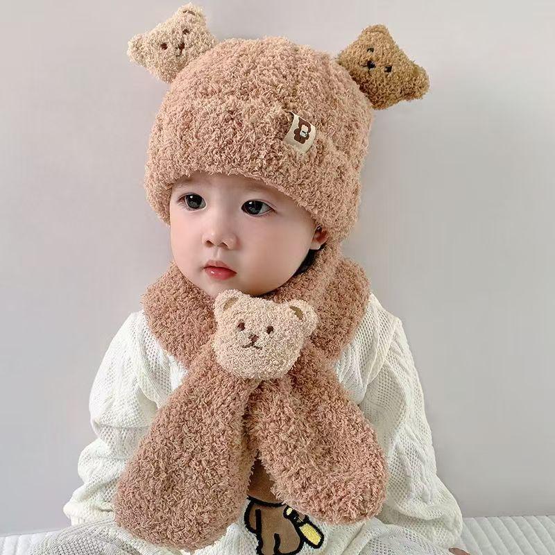 Little Bear Plush Hat & Scarf Set for Babies: Fleece-Lined, Warm, Ear Protection for Autumn & Winter