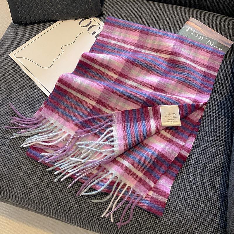 New Wool Warm Scarf for Women in Color Blocked Plaid Scarf Long Tassel Scarf Thickened and Warm