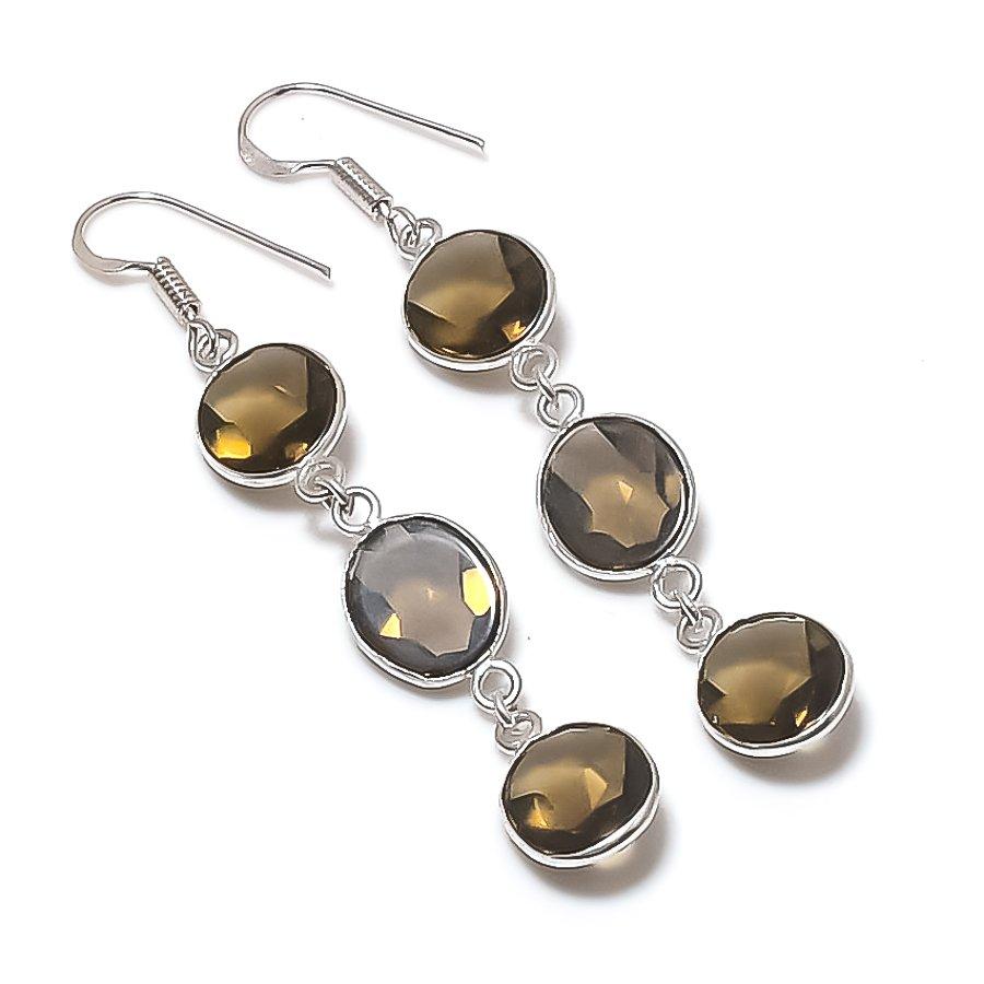 Smoky Topaz Gemstone 925 Sterling Silver Earring 2.76"