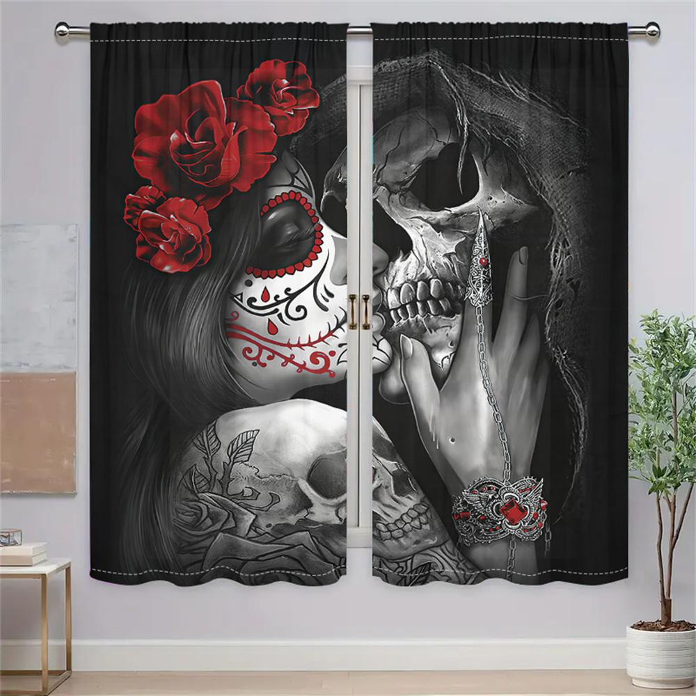 2Pcs Gothic Skull Bride Curtains Black Red Rose Decor Living Room Bedroom Window Decorative Curtains Halloween Theme Curtains