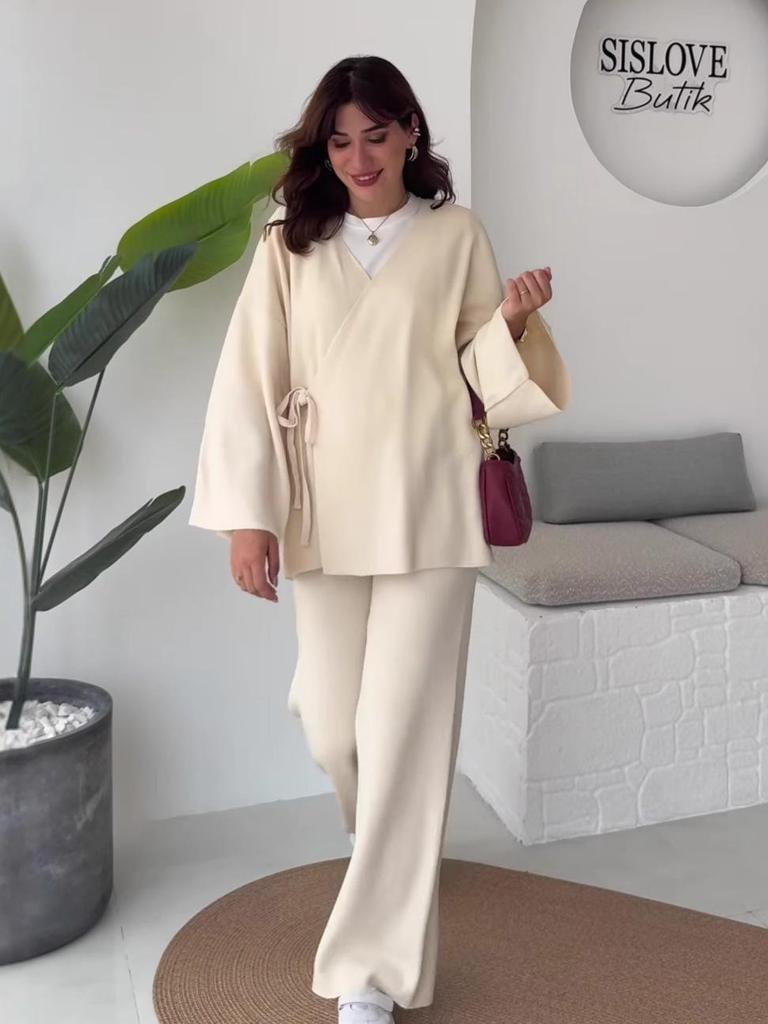 2025 Autumn Women's Crossover Collar Cardigan & Long Pants Set - Solid Color, Long Sleeve, Casual