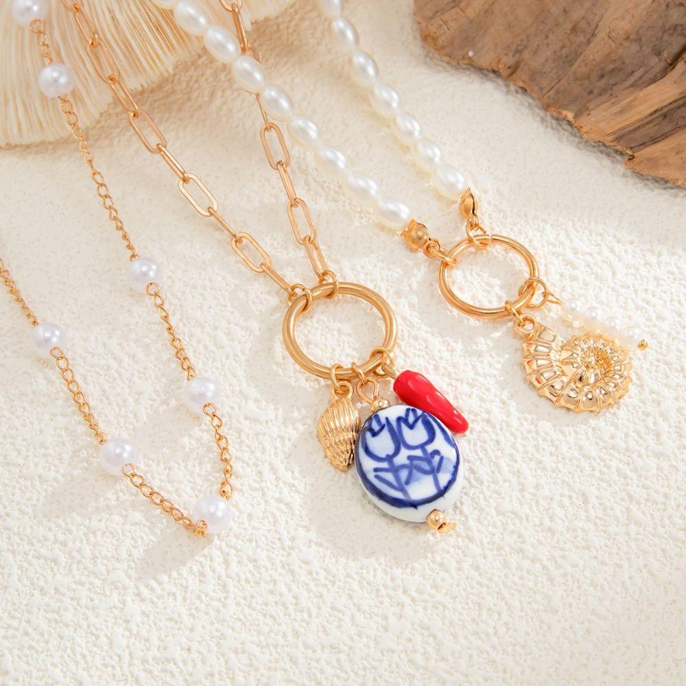 3pcs/set Trendy Multilayer Pearl Necklace Bohemian Style Starfish Choker Conch Clavicle Chain  Women