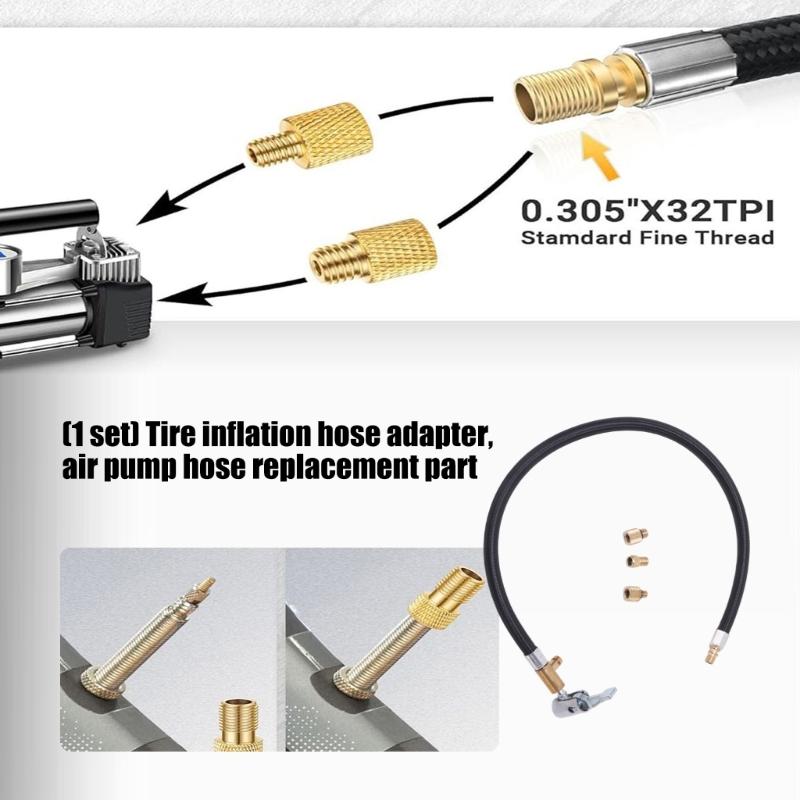 Inflator Hose Replacement Set, Tire Hose Adapter with Braided Line, Clip-On Chuck and 3 Brass Adapters for Refill