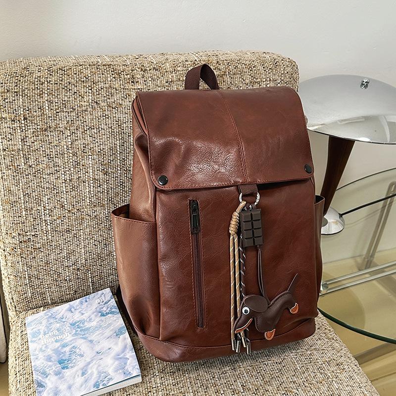 Retro Hong Kong style PU soft leather texture backpack men's large-capacity American schoolbag female college student computer backpack waterproof