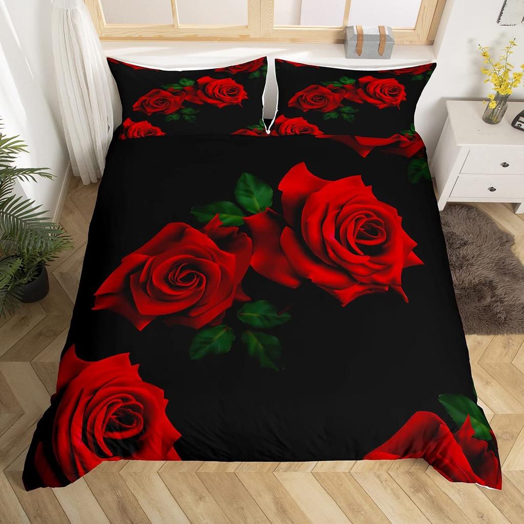Red Rose Duvet Cover Set King Size for Girls Water Drops Bedding Set Romantic Rose Flowers 2/3pcs Comforter Cover for Couples