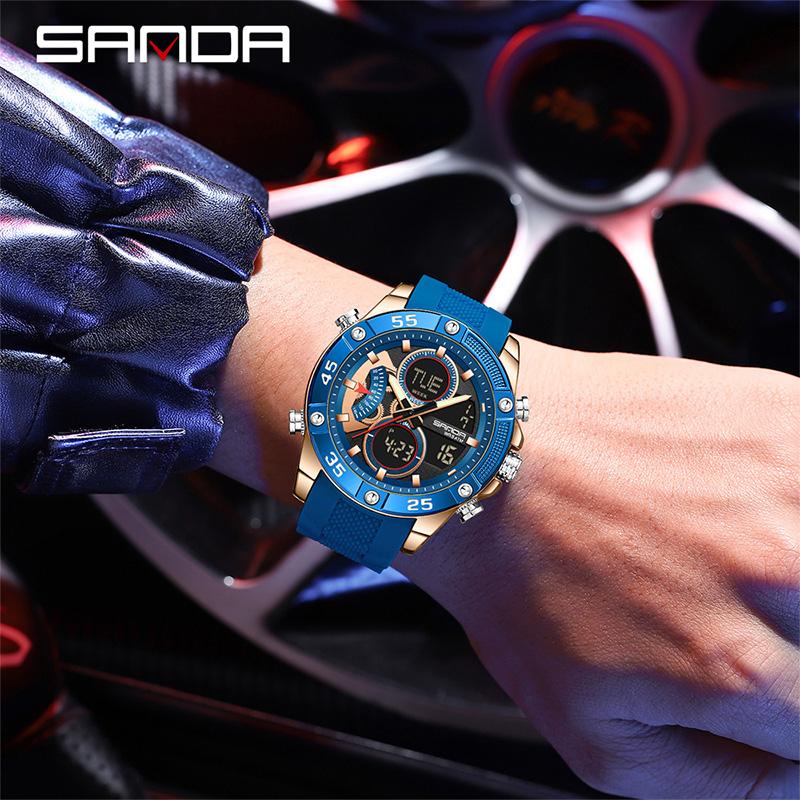 SANDA 5104 New Large Dial Dual Screen Multi Functional Outdoor Silicone Strap Sports Waterproof Men's Electronic Quartz Watch