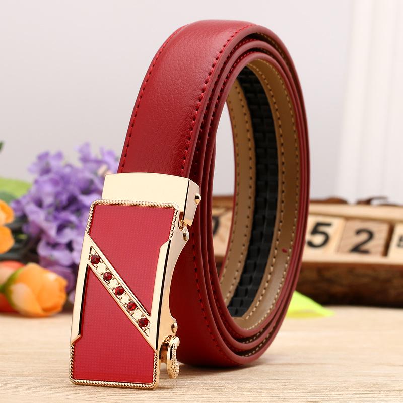 Women's Casual Double-Sided Lychee Pattern Leather Belt with Automatic Buckle