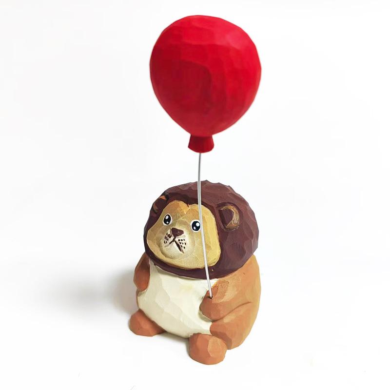 Lion with Balloons Hand-Carved Solid Wood Desktop Ornament