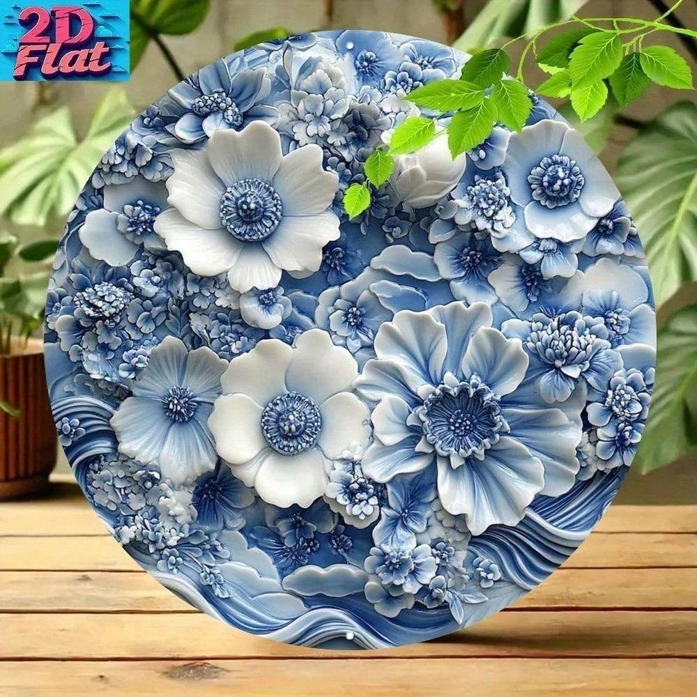 Blue White Art Deco Floral Metal Wall Art Luxury Tin Sign Living Room Decor