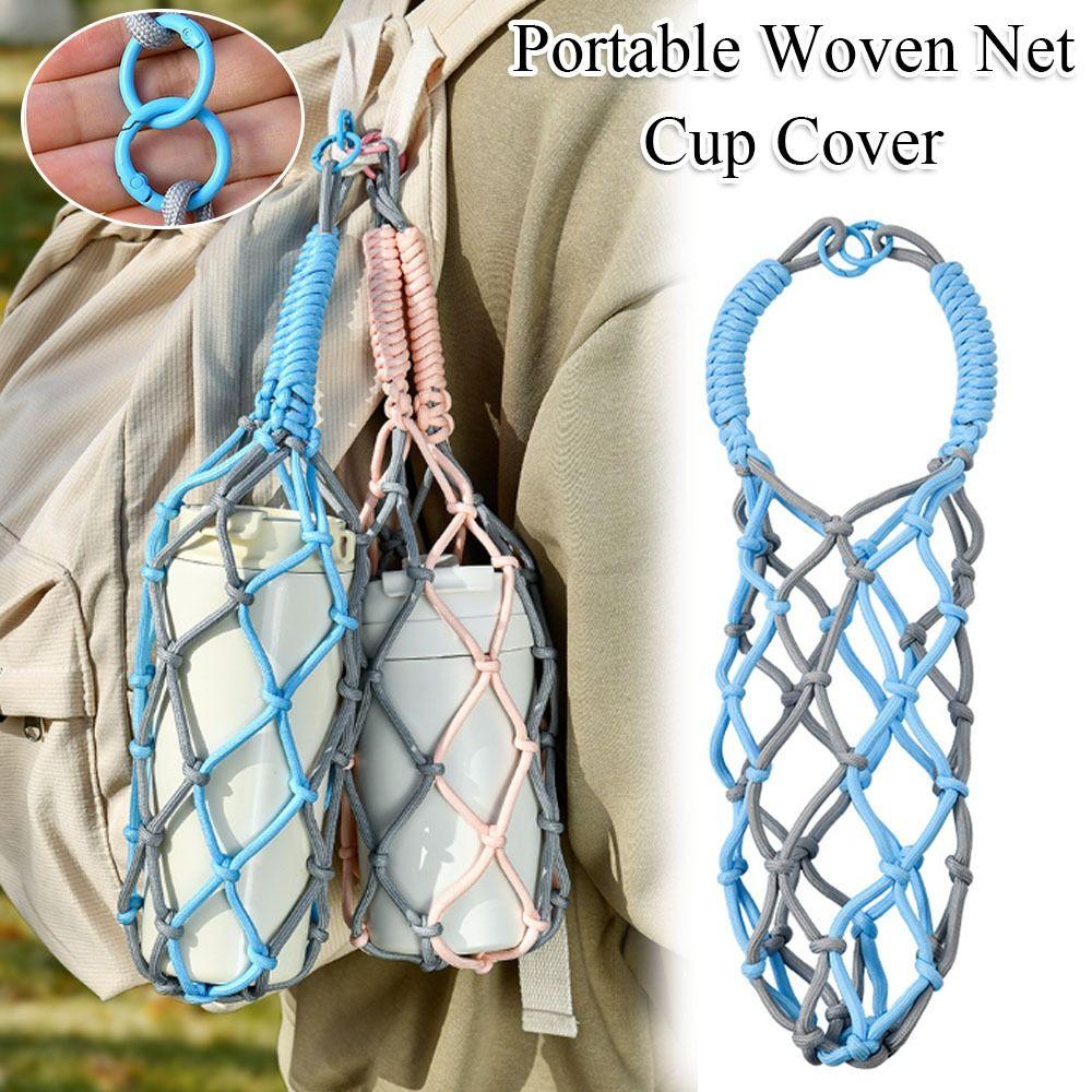 Practical Portable Coffee Cup Bag Hollow Out With Buckle Woven Net Bag Foldable Water Bottle Bags