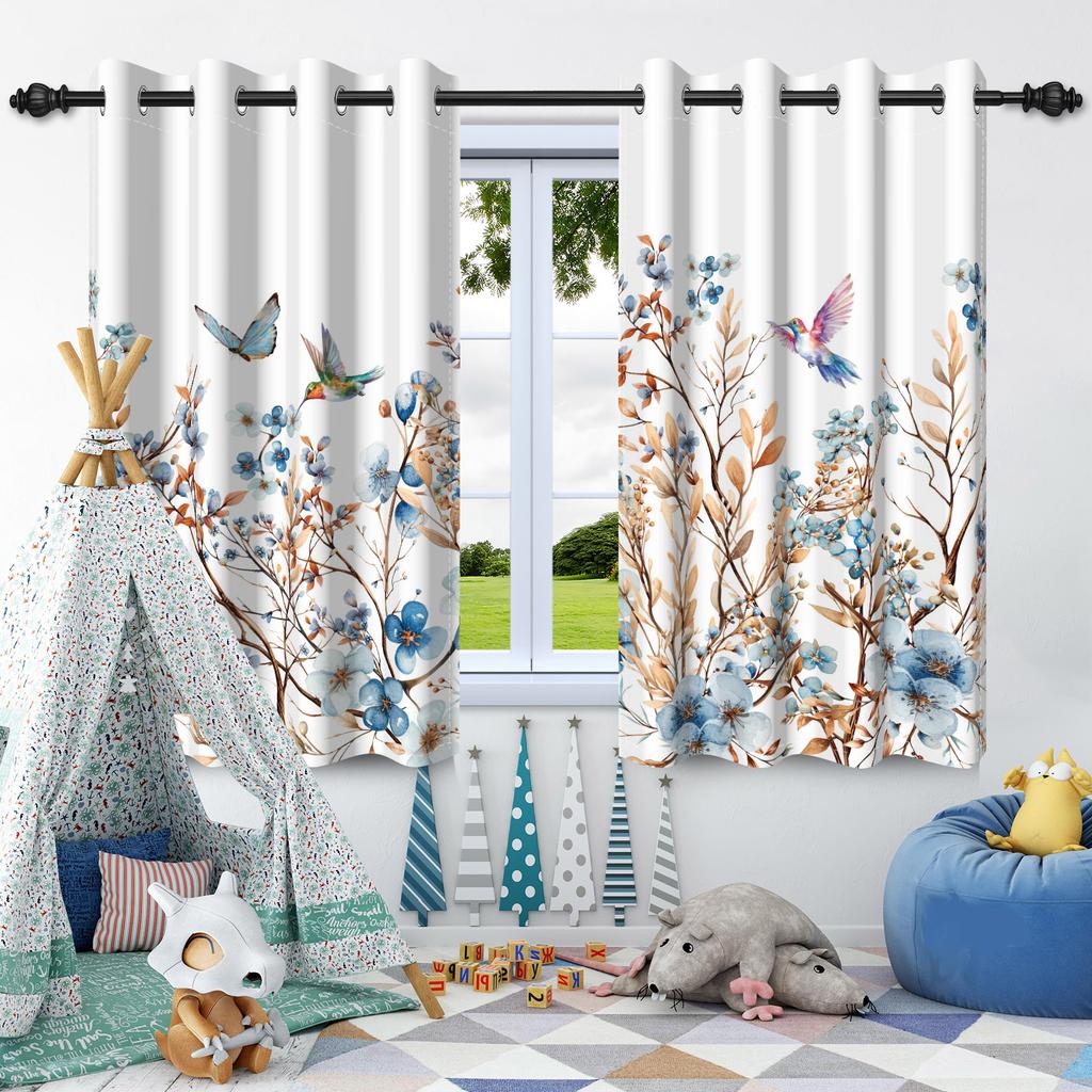 Butterfly Flowers Plants Blackout Curtain for Bedroom Living Room Cafe Apartment Window Kid's Room Hanging Drapes Polyester 2Pcs