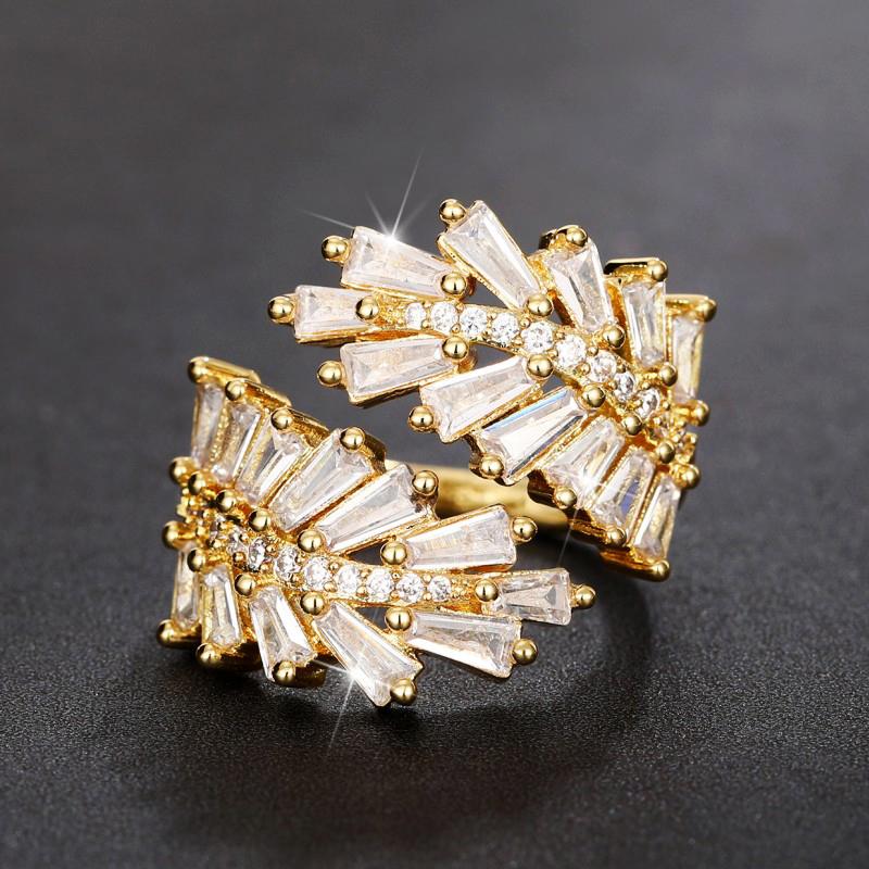 Modische Damenringe in Blattform, Luxuriös mit geometrischen Zirkonia gepflastert, Verstellbare offene Ringe, Party-Ästhetikschmuck