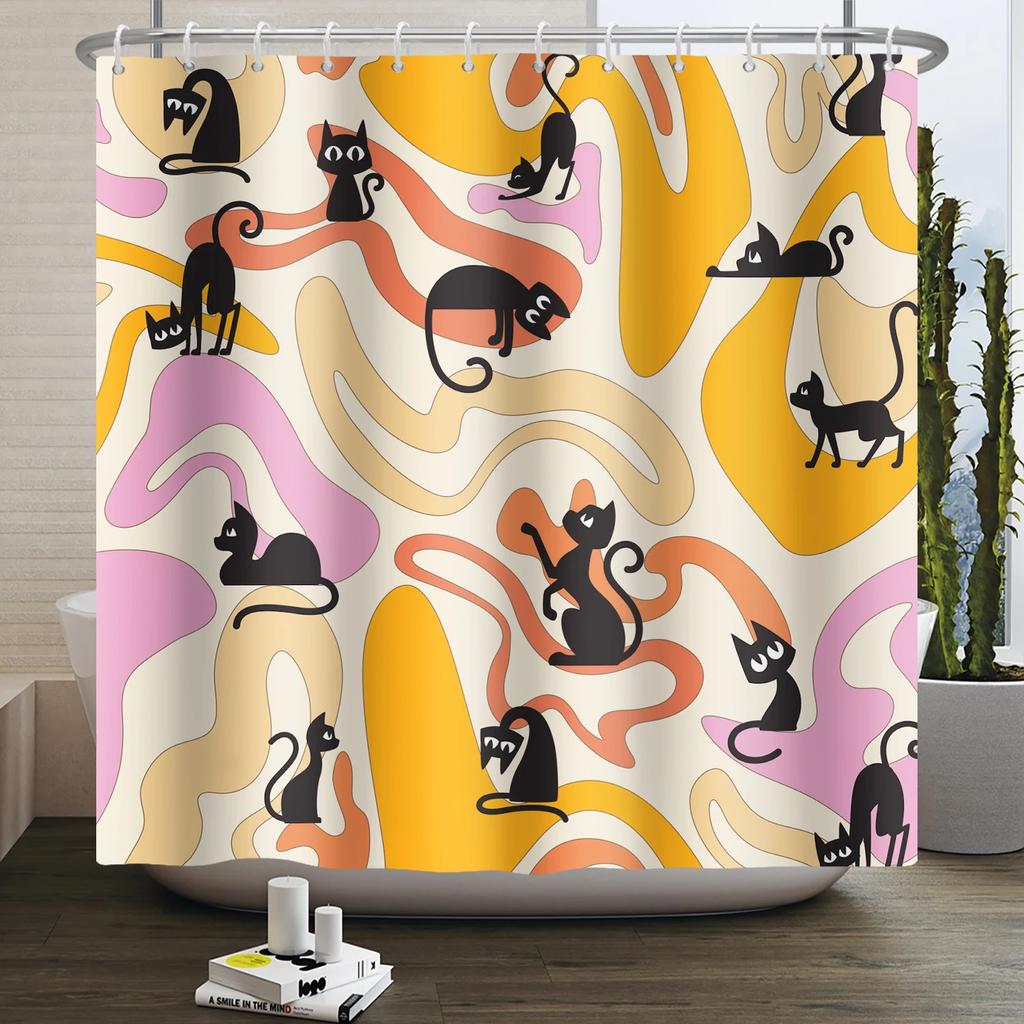 70s Retro Rainbow Shower Curtain Hippy Funky Cartoon Mushroom Floral Bathroom Curtain Polyester Waterproof Fabric Bathtub Screen