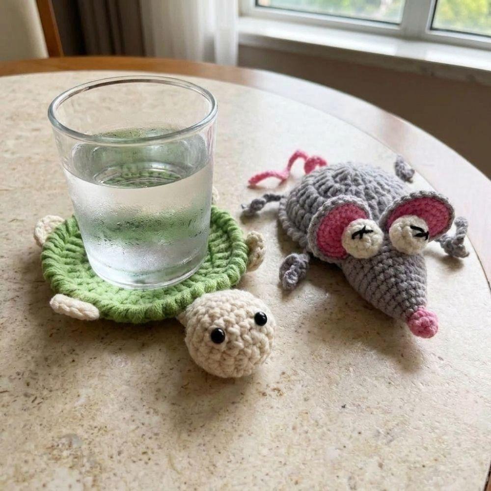 Hand Woven Knitted Cup Mat Funny Animal Drink Coaster Cute Water Cup Mat Restaurant Table