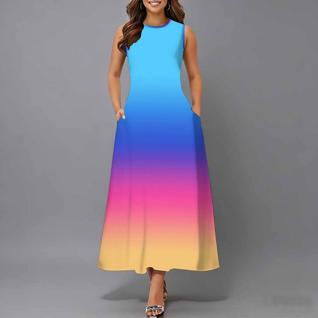 Übergroßes ärmelloses Damenkleid mit Rundhalsausschnitt Lebendiges verstreutes Blumenmuster Lockeres Outfit bis zur Wade