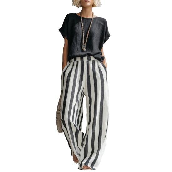 

Summer 2 Piece Sets for Women Short Sleeve Crew Neck Top And Wide Leg XL чёрный