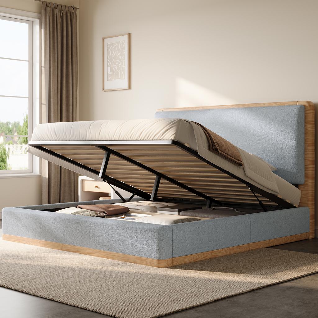 140x200 Upholstered Platform Bed with Hydraulic Storage Space under the Bed, Grey + Natural Wood Tones