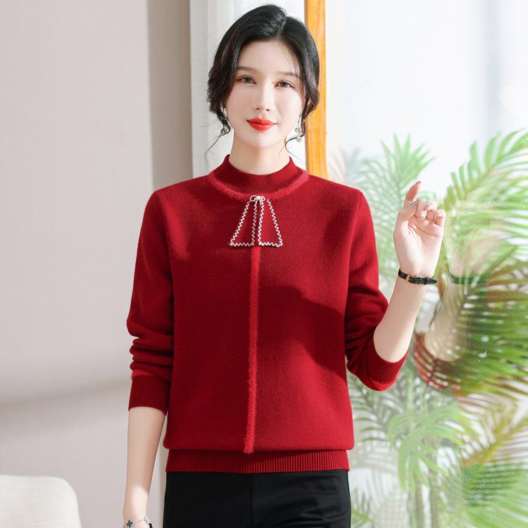 New Western-style Thin Middle-aged and Elderly Autumn Long-sleeved Shirt Knitted Pullover Autumn Middle-aged Ladies and Mothers Bottoming Shirt