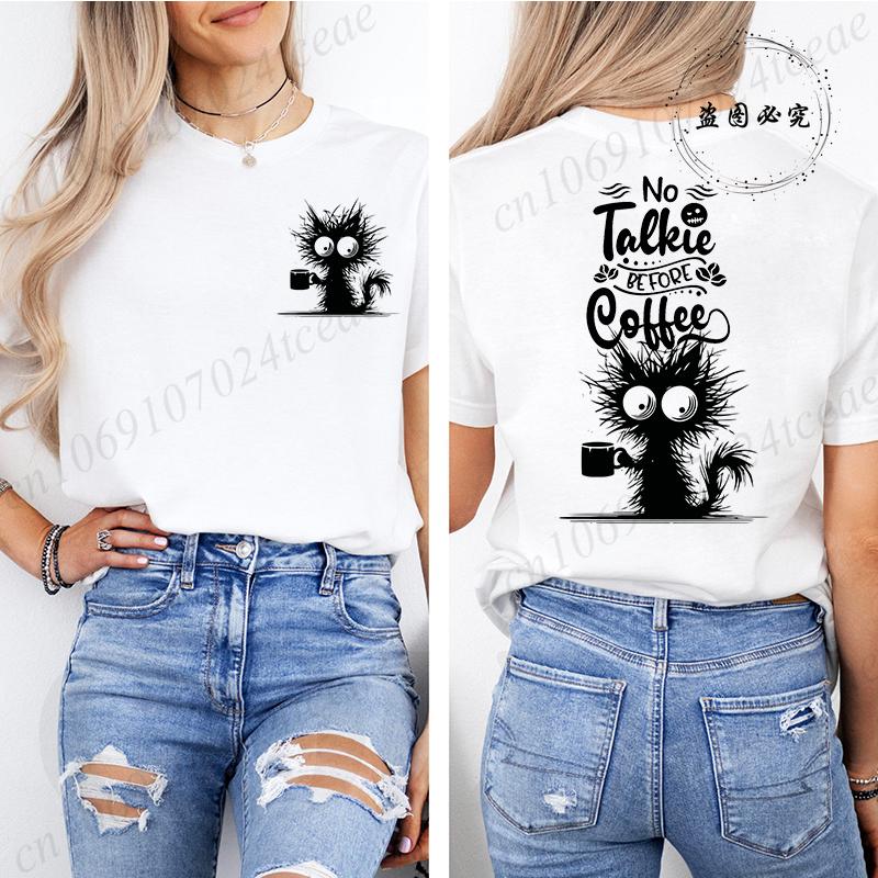 No Talkie Before Coffee Print T-shirt Short Sleeve Casual Top Summer Women Black Cat Kawaii Streetwear Graphic Tees Shirt Tops