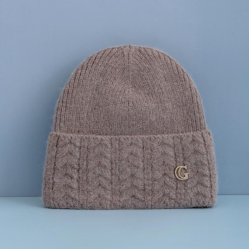 New Style Simple Dandy Winter Hat G Letter Decor Rabbit Fur Beanie Elegant Winter Hats For Women Candy Colors Warm Knit Hats
